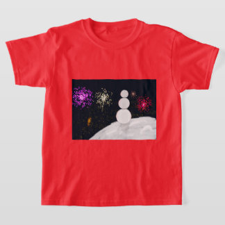 Weihnachts-Schneemann und Feuerwerk Kinder T-Shirt