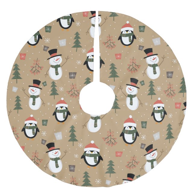 Weihnachts-Schneemann und Pinguine-Baumrock Polyester Weihnachtsbaumdecke (Vorderseite)