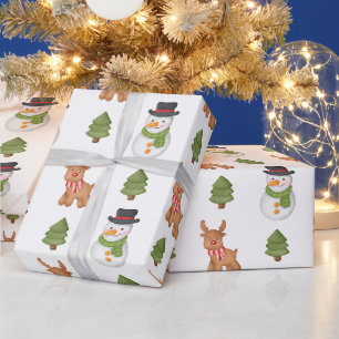 Weihnachts-Schneemann und Rentier Weiß Geschenkpapier