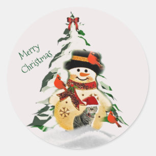 Weihnachts-Schneemann und Vögel Rundum-Aufkleber Runder Aufkleber