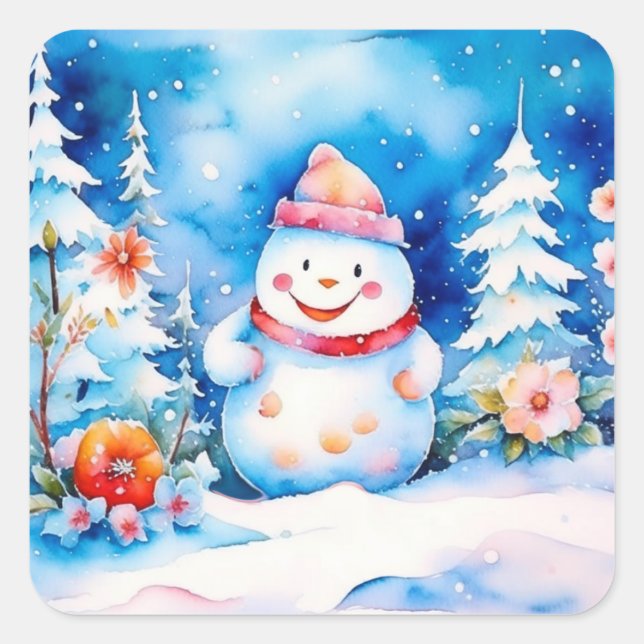 Weihnachts-Schneemann und Winter-Blume Quadratischer Aufkleber (Vorderseite)