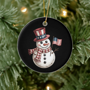 Weihnachts Schneemann USA Flagge Patriotisch Xmas Keramik Ornament
