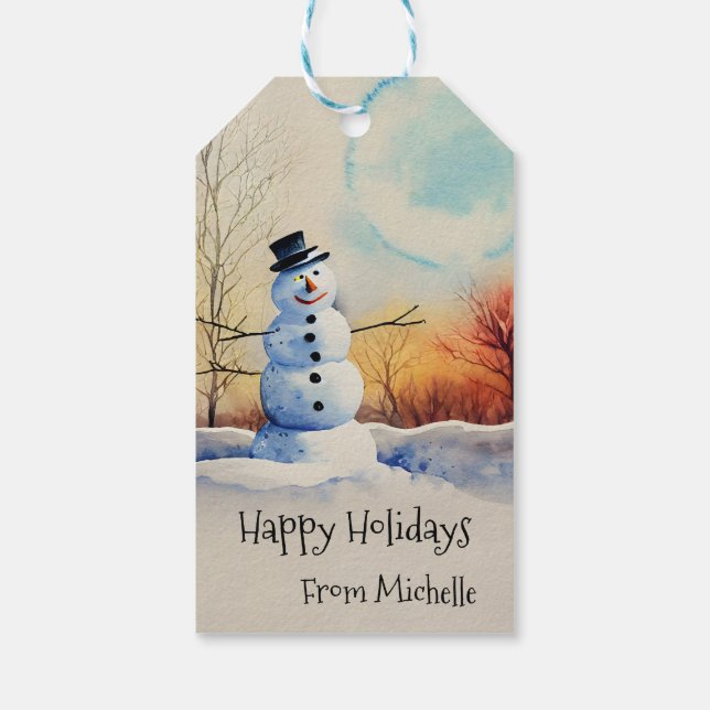 Weihnachts-Schneemann-Winterlandschaft Geschenkanhänger (Rückseite)