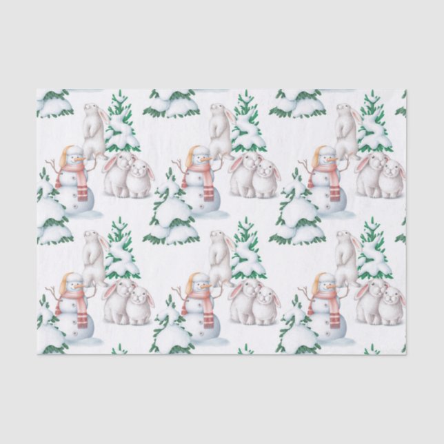 Weihnachts-Schneemännchen-Hasen-Bäume-Illustration Seidenpapier (Vorderseite)
