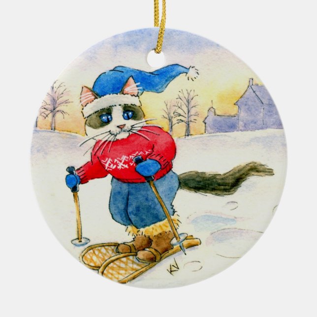 Weihnachts-Schneeschuh Kat Winterschmuck Keramik Ornament (Vorne)