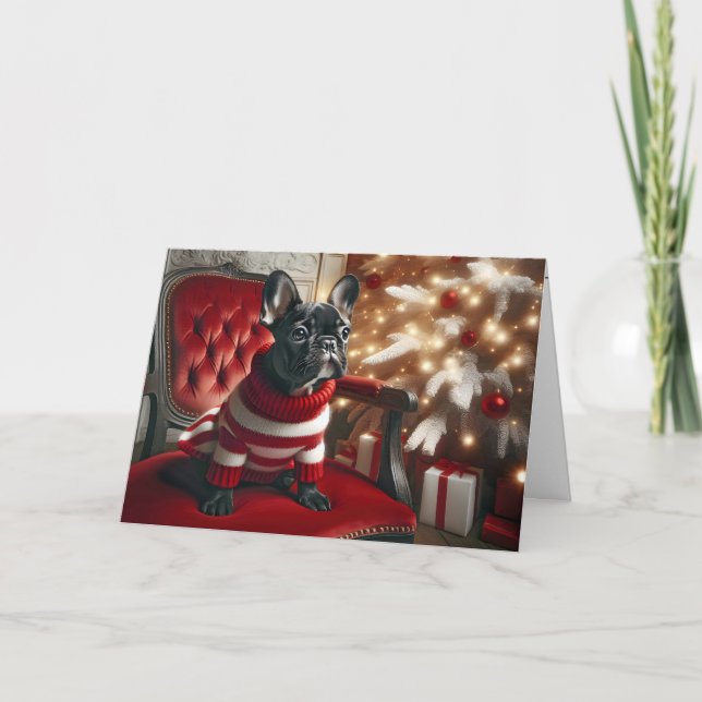Weihnachts-Schwarz-Französisch-Bulldog auf einem r Karte (Vorderseite)