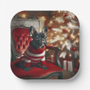 Weihnachts-Schwarz-Französisch-Bulldog auf einem r Pappteller
