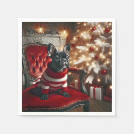 Weihnachts-Schwarz-Französisch-Bulldog auf einem r Serviette