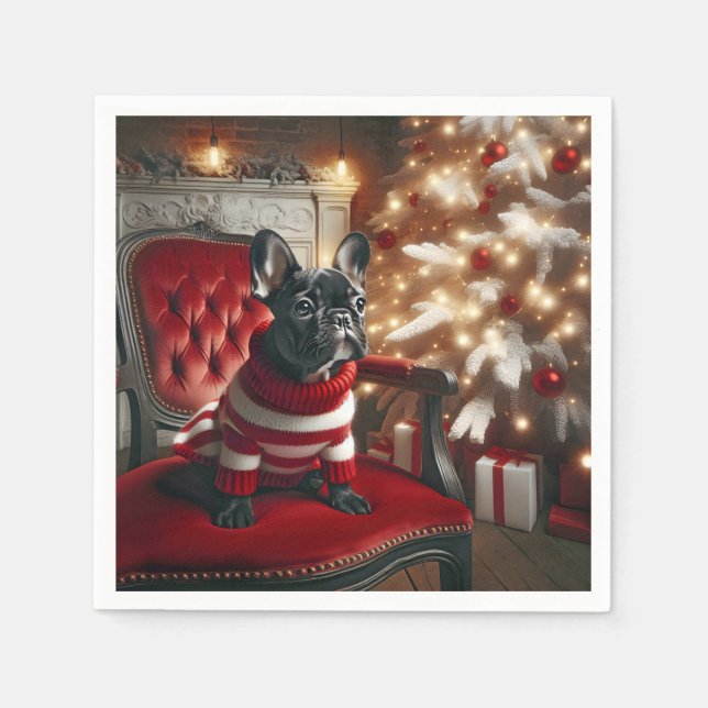 Weihnachts-Schwarz-Französisch-Bulldog auf einem r Serviette (Vorderseite)