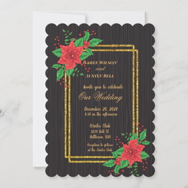 Weihnachts-Schwarz-Poinsettia-Gold-Rahmen Hochzeit Einladung (Vorderseite)