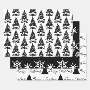 Weihnachts-Schwarz-Weiß-Muster Geschenkpapier Set