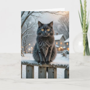 Weihnachts-Schwarze Katze auf einem Schneezaun Karte