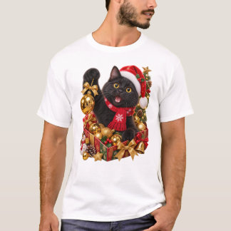 Weihnachts-Schwarze Katze mit goldenen Ornamenten T-Shirt