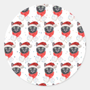 Weihnachts-Schwarze Katze mit rotem Schal Runder Aufkleber
