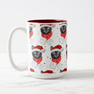 Weihnachts-Schwarze Katze mit rotem Schal Zweifarbige Tasse