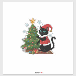 Weihnachts-Schwarze-Katze-Santa-Hut-Baum-Maus Aufkleber