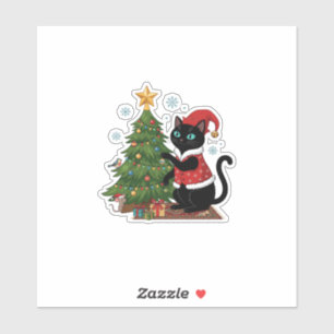Weihnachts-Schwarze-Katze-Santa-Hut-Baum-Maus Aufkleber