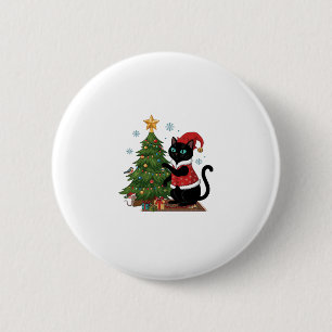 Weihnachts-Schwarze-Katze-Santa-Hut-Baum-Maus Button