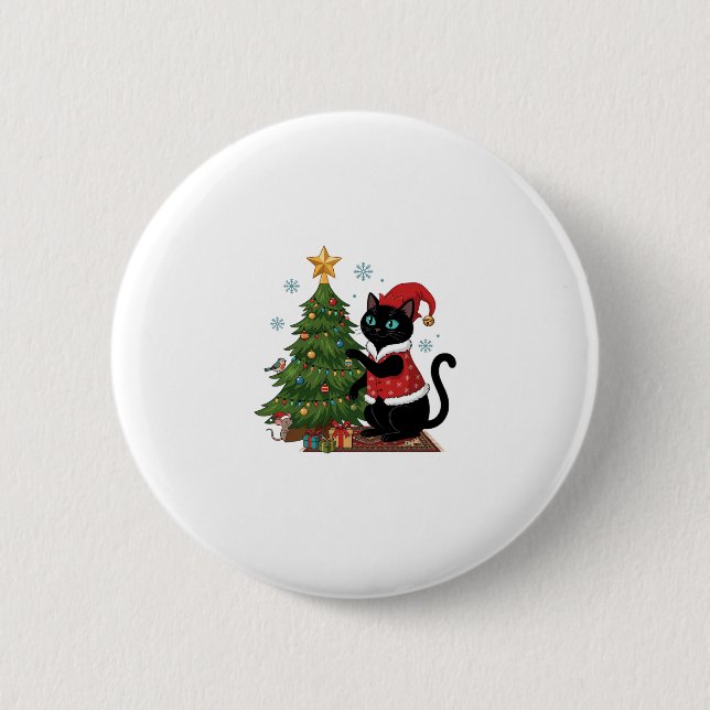 Weihnachts-Schwarze-Katze-Santa-Hut-Baum-Maus Button (Vorderseite)