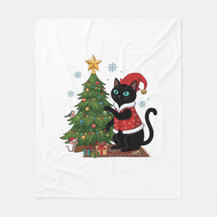 Weihnachts-Schwarze-Katze-Santa-Hut-Baum-Maus Fleecedecke