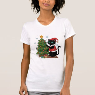 Weihnachts-Schwarze-Katze-Santa-Hut-Baum-Maus T-Shirt