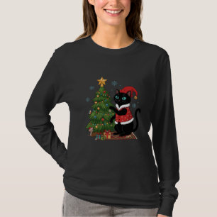 Weihnachts-Schwarze-Katze-Santa-Hut-Baum-Maus T-Shirt