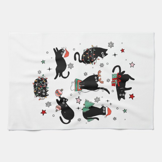 Weihnachts-Schwarze Katzen Geschirrtuch (Horizontal)
