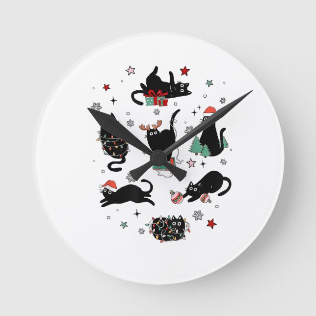 Weihnachts-Schwarze Katzen Runde Wanduhr (Vorderseite)