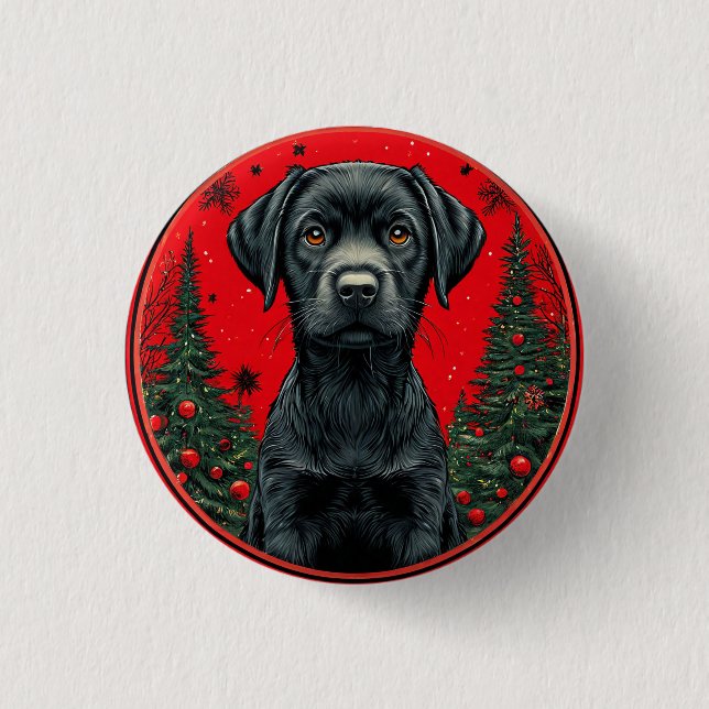 Weihnachts Schwarzes Labrador mit festlichen Bäume Button (Vorderseite)