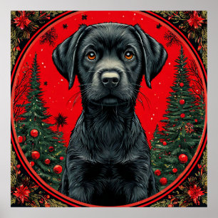 Weihnachts Schwarzes Labrador mit festlichen Bäume Poster