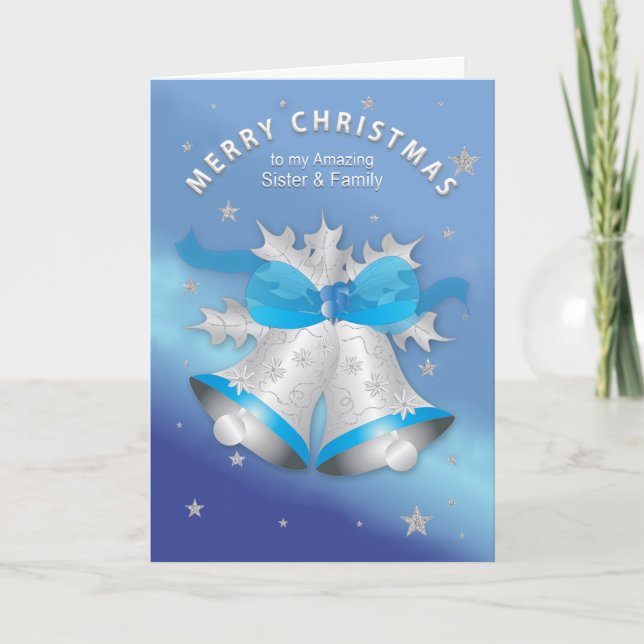 Weihnachts Schwester und Familie Silver Blue Bells Karte (Vorderseite)