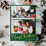 Weihnachts-Script Green 2 Foto Frohe Weihnachtsgol Folien Feiertagspostkarte<br><div class="desc">Feiern Sie die Saison mit diesem festlichen Drehbuch grün 2 Foto Frohe Weihnachten goldenen Weihnachtsfolie Urlaub Postkarte mit einer Touch von elegantem Charme. Das schicke Design präsentiert eine einfache, in Gold und Grün gehaltene Farbpalette, die den gemütlichen Geist des Winters widerspiegelt. Seine moderne und einzigartige Anziehungskraft und seine rustikale Formulierung...</div>