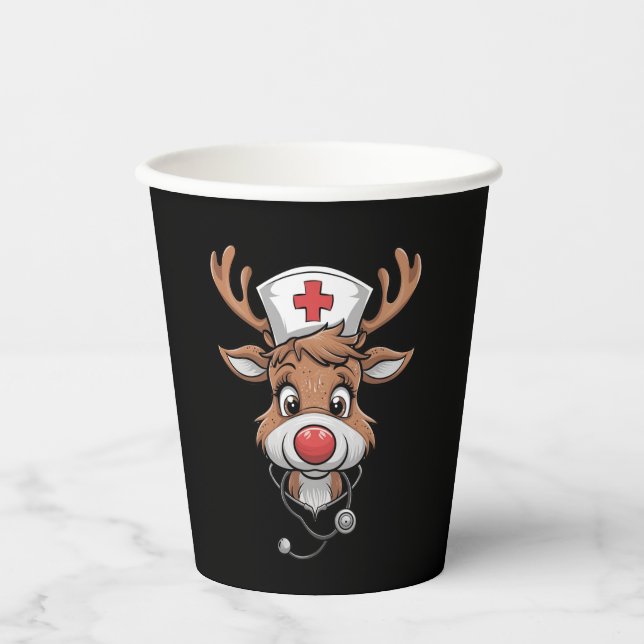 Weihnachts-Scrub Top Rentier Gummihandschuhe Krank Pappbecher (Vorderseite)
