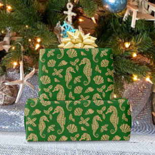 Weihnachts-Seepferd-Muster Gold Green Geschenkpapier