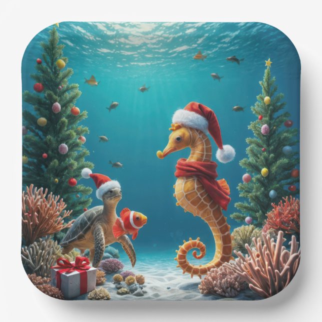 Weihnachts-Seepferd und Meeresschildkröte Pappteller (Vorderseite)