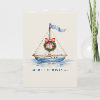 Weihnachts-Segelboot an der Küste - Wasserfarben-F Karte