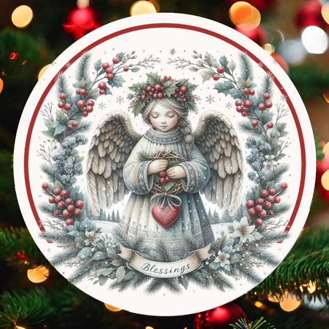 Weihnachts-Segnungen Angel Green Pine Red Berries Runder Aufkleber (Von Creator hochgeladen)