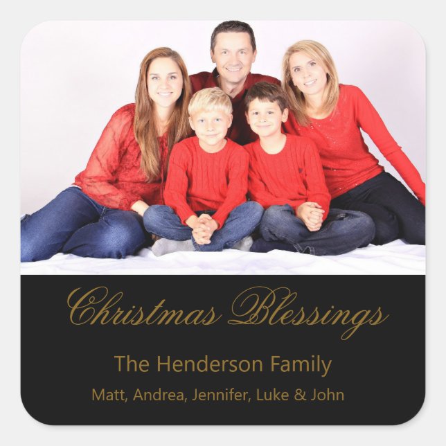 Weihnachts-Segnungen Custom Family Foto Quadratischer Aufkleber (Vorderseite)