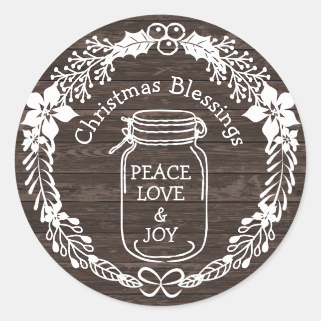 Weihnachts-Segnungen Peace Liebe Joy Mason Jar Runder Aufkleber (Vorderseite)