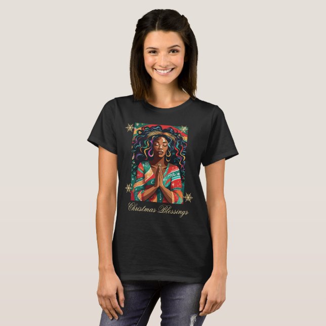 Weihnachts-Segnungen Schwarze Frau beten T-Shirt (Vorne ganz)