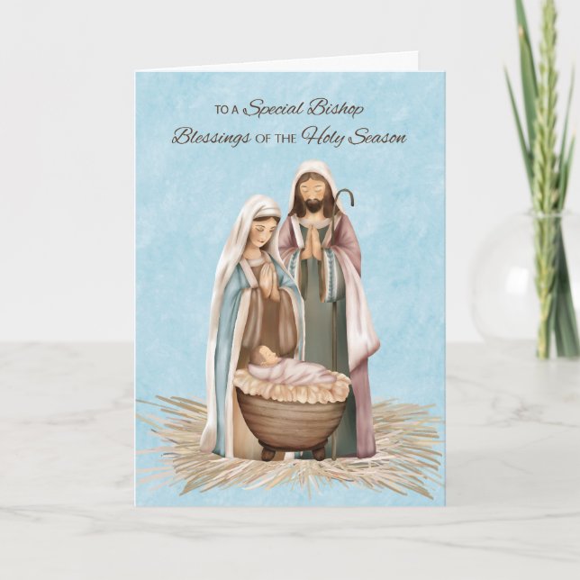 Weihnachts-Segnungen von Bishop dank Krippe-Szene Karte (Vorderseite)