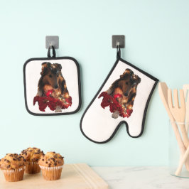 Weihnachts-Sheltie Ofenhandschuh & Topflappen-Set