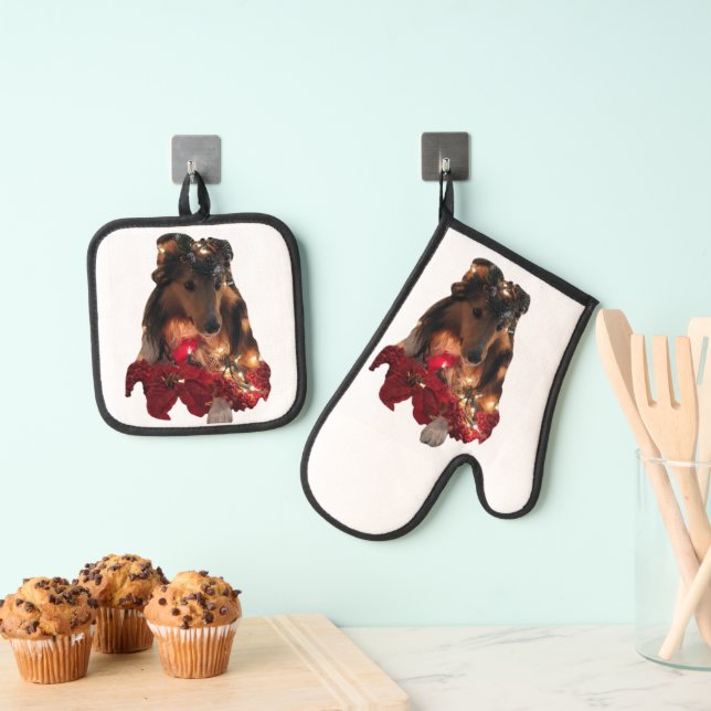 Weihnachts-Sheltie Ofenhandschuh & Topflappen-Set (Insitu (Hängend))