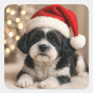 Weihnachts-Shih-Tzu-Hund mit Santa-Hut Quadratischer Aufkleber