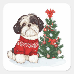 Weihnachts-Shih-Tzu-Hund Quadratischer Aufkleber