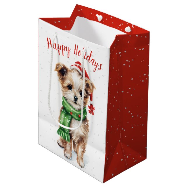 Weihnachts Shih Tzu in Schneeflocken Mittlere Geschenktüte (Vorderseite Schrägansicht)