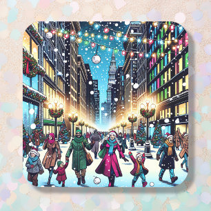 Weihnachts-Shopping in der Stadt an einem Schneeta Quadratischer Aufkleber