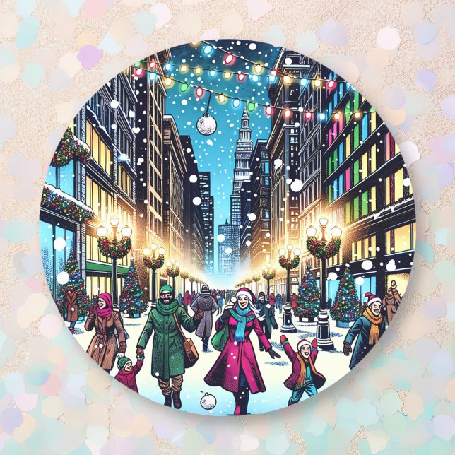 Weihnachts-Shopping in der Stadt an einem Schneeta Runder Aufkleber (Von Creator hochgeladen)