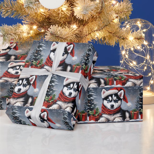 Weihnachts-Sibirische Husky-Welpe-Weihnachtsmannmü Geschenkpapier (Feiertage)