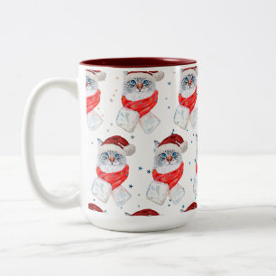 Weihnachts-Silber-und-Weiß-Katze mit Santa-Hut Zweifarbige Tasse